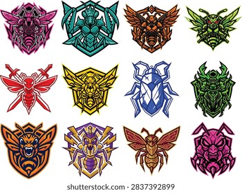 Collection of diverse bug themed emblems featuring warrior insects like bees ants and beetles in various styles