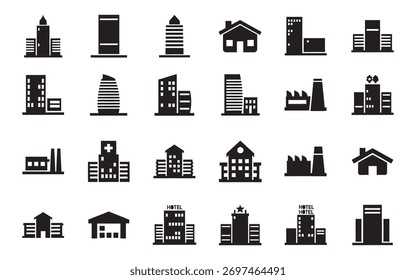 Colección de diversos iconos de edificios que representan estilos arquitectónicos residenciales, comerciales e industriales