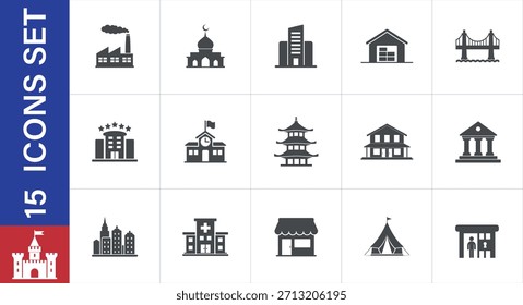 Colección de diversos iconos de la silueta del edificio y de la estructura. incluyendo fábrica, mezquita, hotel, 
escuela, puente, hospital, tienda, tienda, pagoda, casa. Conjunto de iconos sólidos