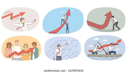 Collection of diverse businesspeople with arrows motivated for good business result or promotion. Set of employees grow economy. Goal achievement and success. Vector illustration. 