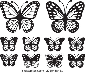 Uma coleção de diversas ilustrações de borboletas, com silhuetas sólidas e contornos detalhados, organizadas sistematicamente.