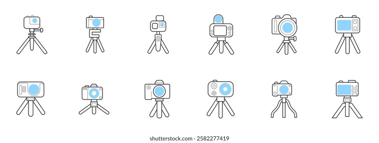 collection of diverse cameras, each positioned on a tripod, suggesting versatility in photography and videography.