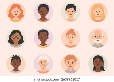 Collection of diverse cartoon avatars featuring people of different ages and ethnicities smiling. Flat style, isolated on pastel backgrounds. Stock vector illustration in flat cartoon style.
