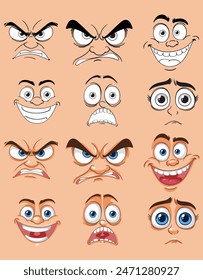 Una colección de diversas expresiones faciales en dibujos animados