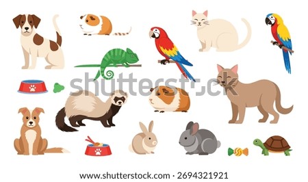 Collection of diverse cartoon pets including dogs, cats, birds, rodents, reptiles, and a ferret. Foto d'archivio © 