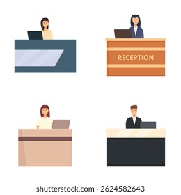 Collection of diverse cartoon receptionists at their desks, ideal for corporate imagery