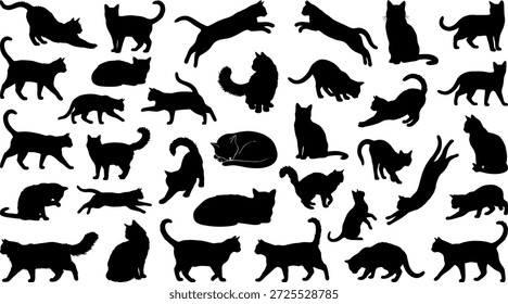 Coleção de diversas silhuetas de gato em várias poses e orientações
