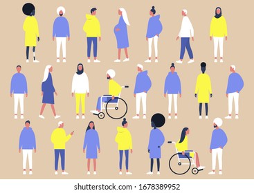 A collection of diverse characters of different gender, ethnicities and physical conditions, flat vector set of people