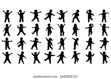 Collection of diverse children silhouettes in active poses isolated on white background