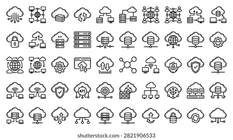 A collection of diverse cloud computing technology icons representing data network connections and digital services