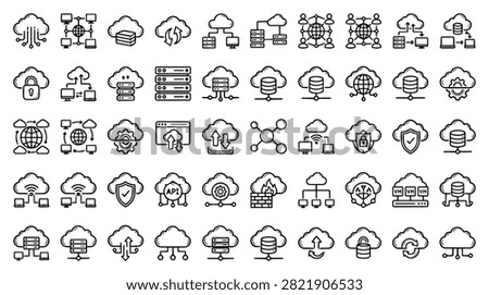 A collection of diverse cloud computing technology icons representing data network connections and digital services