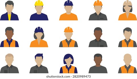 A collection of diverse construction worker avatars featuring various genders and ethnicities wearing safety helmets and reflective vests.