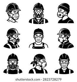 Collection of diverse construction workers wearing safety helmets and various types of respiratory protection masks.