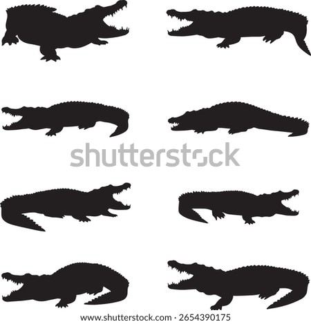 Collection of diverse crocodile silhouettes in various poses and actions