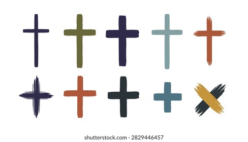 Collection of diverse cross icons in multiple colors and artistic styles