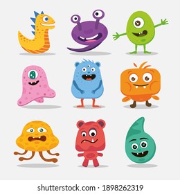 A collection of diverse cute monsters. Colorful funny creatures.