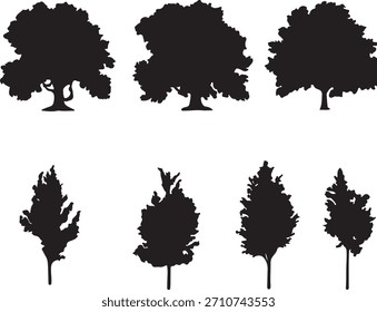 Uma coleção de diversas silhuetas de árvores decíduas dispostas em um padrão de grade, isoladas em um fundo branco. Perfeito para projetos de natureza ou design.