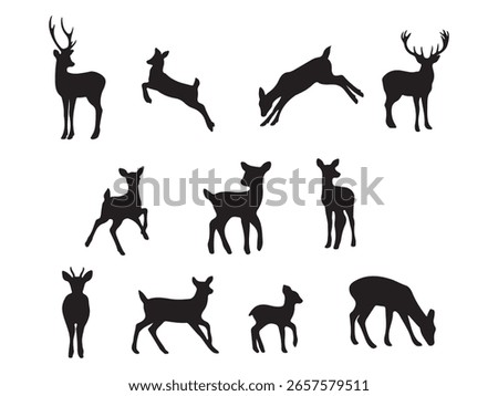 Collection of diverse deer silhouettes in various poses isolated on white background silhouette