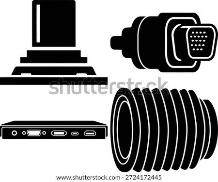 Collection of diverse electronic and industrial hardware components in silhouette form isolated on white background, Vector