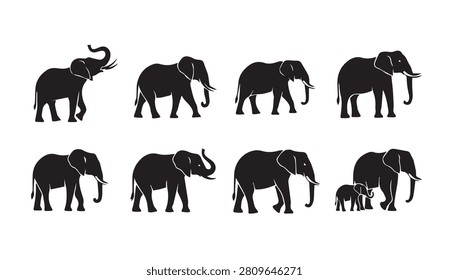 A collection of diverse elephant poses showcasing different herd dynamics and individual stances. Ideal for wildlife conservation or safari themed designs.