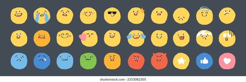 Una colección de diversos emojis que muestran diversas emociones: feliz, triste, enojado, sorprendido. Caras coloridas con expresiones como alegría, tristeza, ira y sorpresa. Dibujado a mano lindo emoticono. Vectores.