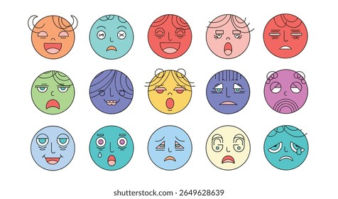 A collection of diverse emoticon faces expressing a wide range of human emotions and feelings