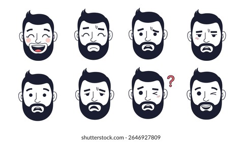 Collection of Diverse Emotional Expressions of a Bearded Man Showing Happiness Sadness Confusion Worry and Surprise