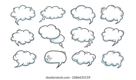 Collection of diverse empty speech bubbles and thought clouds for comic art and communication.