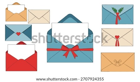Collection of diverse envelopes with various decorative elements and open and closed styles.