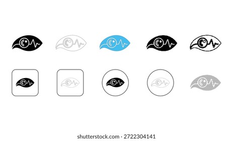 Uma coleção de diversos ícones de olhos com um batimento cardíaco integrado ou linha de pulso, apresentados em vários estilos, incluindo sólido, contorno, colorido e em diferentes formas, como quadrados e círculos f