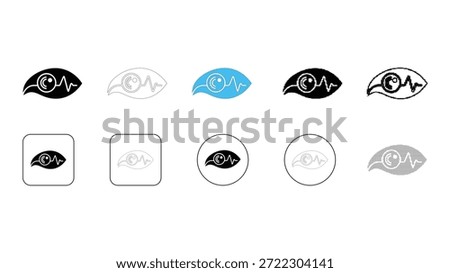 A collection of diverse eye icons featuring an integrated heartbeat or pulse line, presented in various styles including solid, outline, colored, and within different shapes like squares and circles f