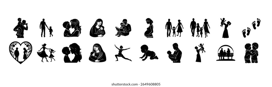 A collection of diverse family poses, rendered in a clean silhouette style, perfect for various design projects.