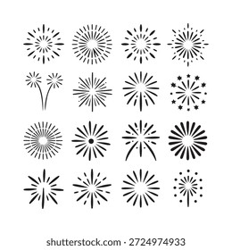 Uma coleção de diversos projetos de fogos de artifício ilustrados em preto e branco simples