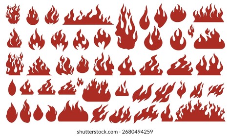 A collection of diverse flame graphics in different shapes and sizes. These flames can be used in designs presentations or educational materials about fire safety and related topics.