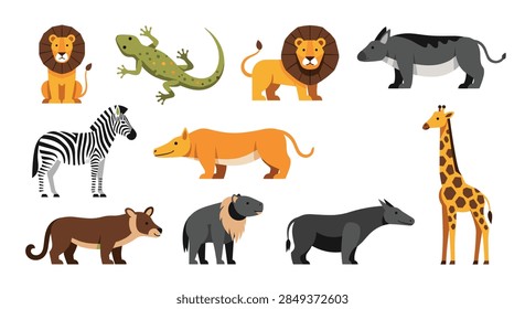 Collection of diverse flat vector illustrations of African wild animals including lions, zebra, giraffe, and lizards.