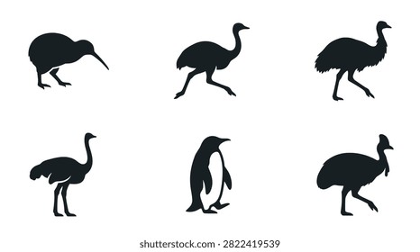 Collection of diverse flightless bird silhouettes including kiwi emu penguin and cassowary