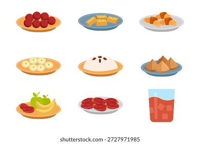 Collection of diverse food items on plates and a glass. Features traditional desserts, fresh fruits, sweet pastries, savory snacks, and an iced beverage. Perfect for menus or culinary themes.