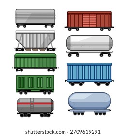 Colección de diversos vagones de carga vagones de vagones, vagones tanque, tolvas y vagones planos vista lateral sobre fondo blanco, transporte industrial e ilustración de logística