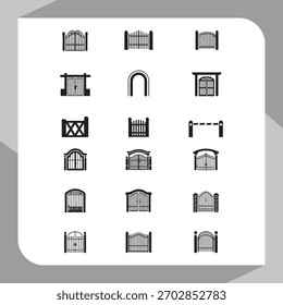 Colección de diversos iconos vectoriales de puertas, mostrando varios diseños arquitectónicos y estilos para seguridad, entrada y acceso a propiedades.