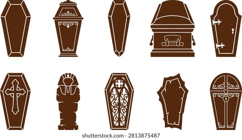A collection of diverse gothic and ancient funerary containers including traditional coffins sarcophagi and ornate mausoleum designs providing a visual representation of death and burial customs through history