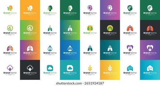 Coleção de diversos logotipos gráficos com representações abstratas e ícones simbólicos para marcas e identidade