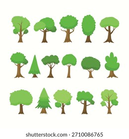 Colección de diversos árboles verdes en un estilo plano de dibujos animados