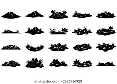 Collection of diverse ground textures including hills mounds and rough terrain with vegetation ideal for game development or environmental design.