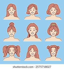 A collection of diverse hairstyle illustrations, showcasing various cuts and styles. Perfect for representing personal identity, fashion trends, or hair inspiration