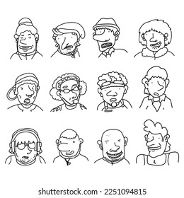 Collection of diverse hand drawn doodle people. Linear cartoon characters with different emotions. Set of men portraits, comic avatars, faces with various  facial expression on white background