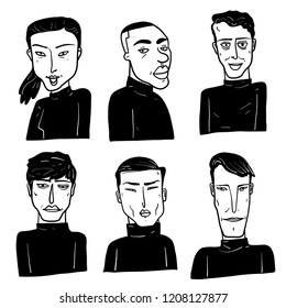 Collection of diverse hand drawn faces in black and white with doodle style, vector illustration.