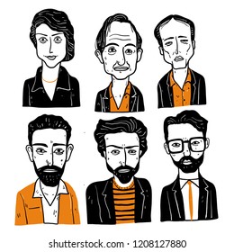 Collection of diverse hand drawn faces in black and white with doodle style, vector illustration.