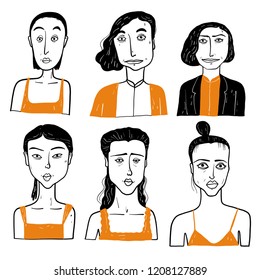 Collection of diverse hand drawn faces in black and white with doodle style, vector illustration.