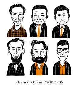 Collection of diverse hand drawn faces in black and white with doodle style, vector illustration.