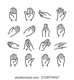 Collection of diverse hand gestures and poses in simple line art style